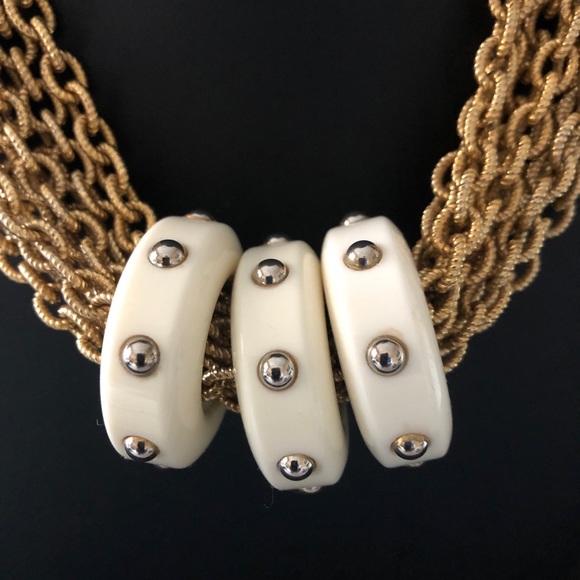 RJ Graziano Fashionista Statement Necklace Gold Tone Multi-Strand Lucite Rings - Picture 2 of 10